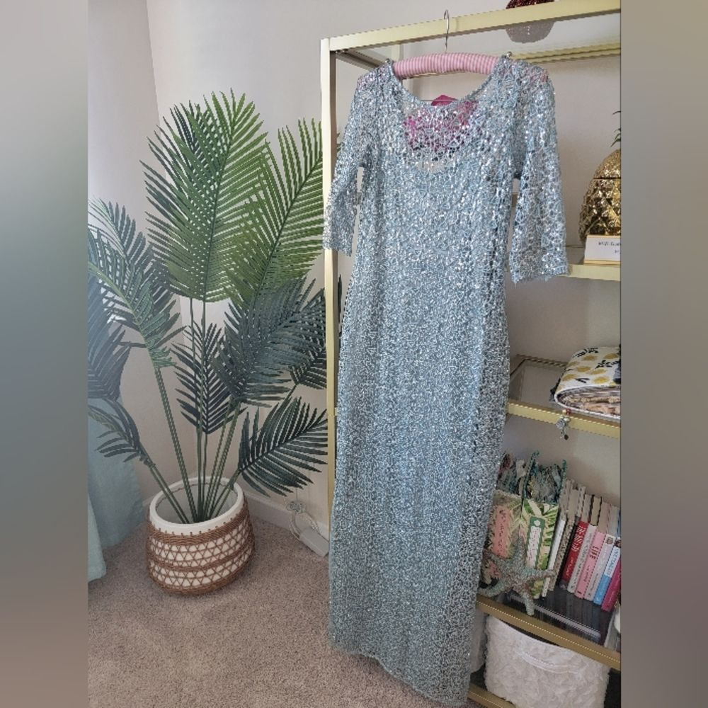 Kay Unger New York Blue 3/4 Sleeve Sequin Dress |Holiday Dress| Cocktail Dress
